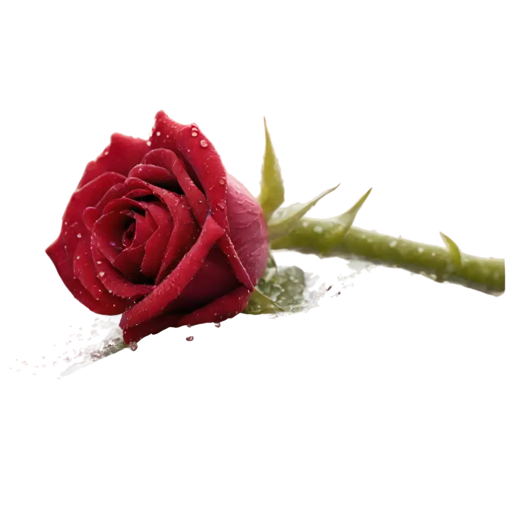 A hyper-detailed macro shot of a deep red rose covered in morning dewdrops, each droplet reflecting light like tiny crystals. The soft petals curl gracefully, revealing intricate textures, isolated on a transparent background.