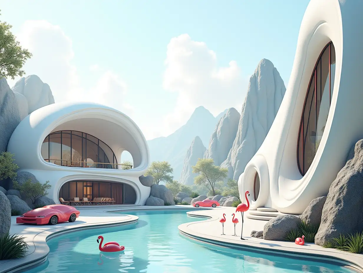 Create a high resolution realistic image of a futuristic white building with black and gold details, curved pillars, large trees mountains, rocks Flamingos Pool and a futuristic building with a glass panel with red striped cars