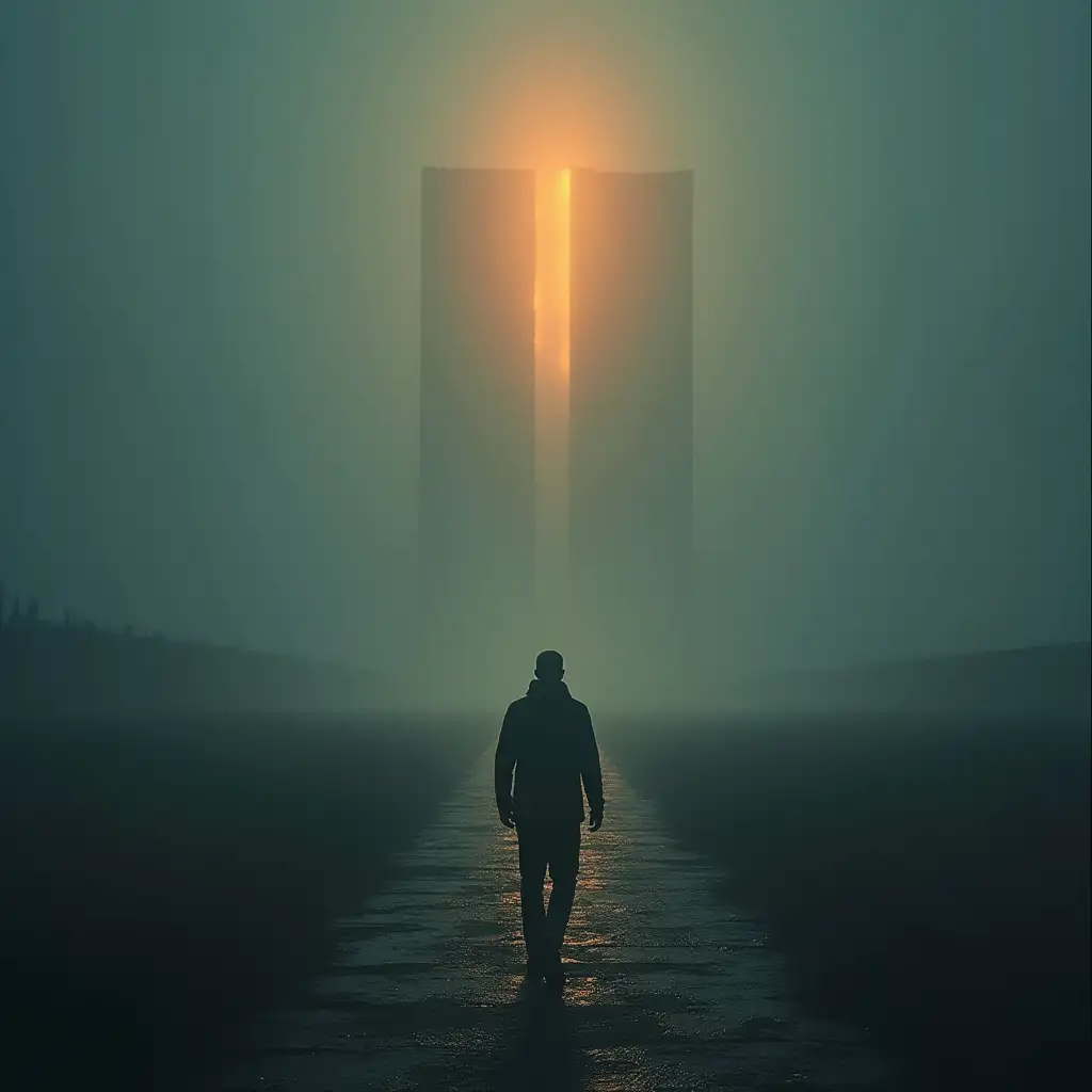 A rule-of-thirds composition of a lone figure walking towards a distant, imposing structure. Use warm, inviting lighting on the figure and cool, ominous lighting on the structure.