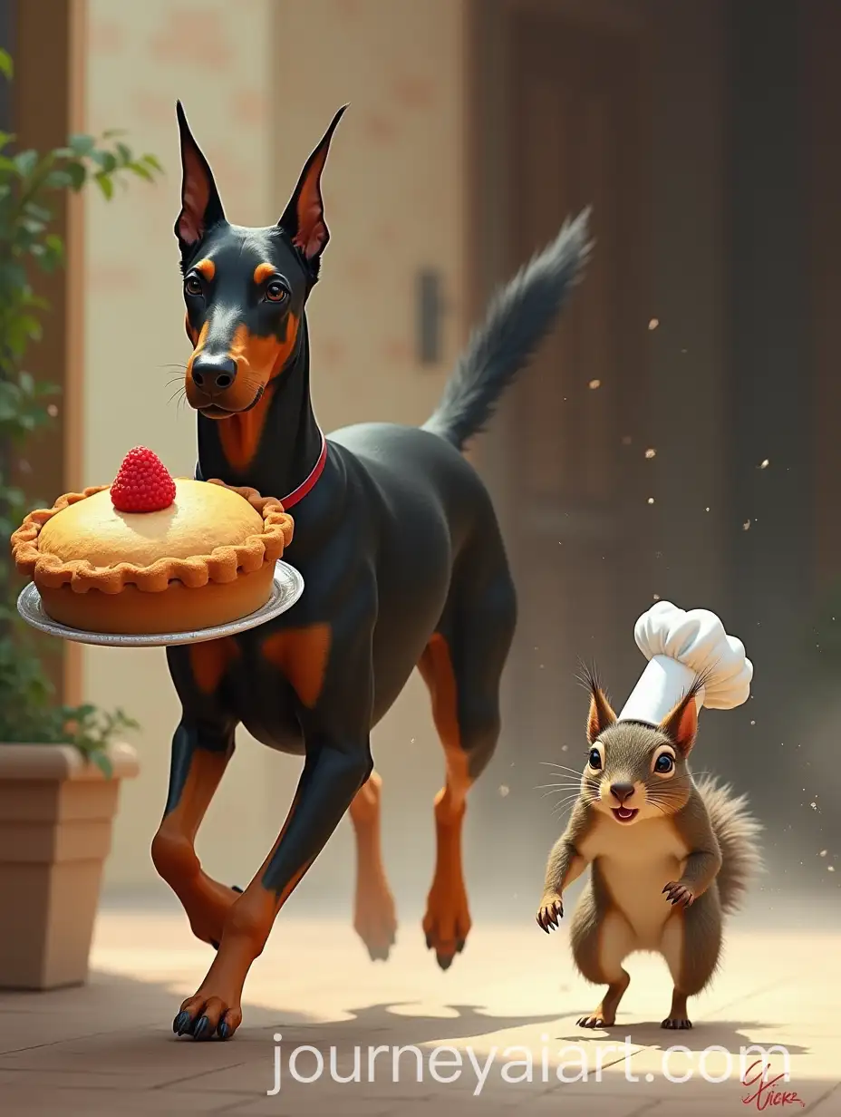 Doberman-Chasing-Squirrel-with-Giant-Pie-Outside-Bakery