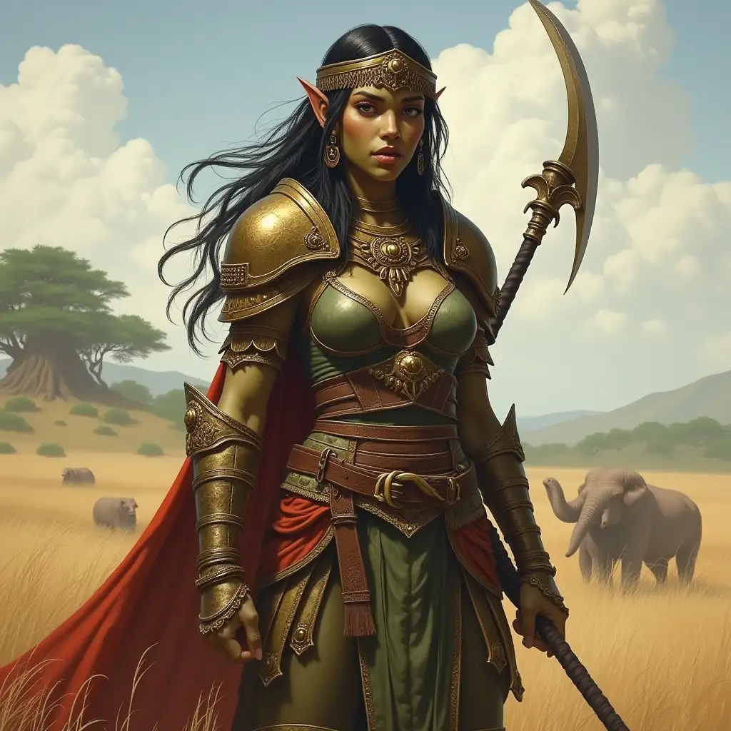 Female-Orc-Barbarian-Warrior-in-Savannah-Landscape-with-Glaive-and-Armor
