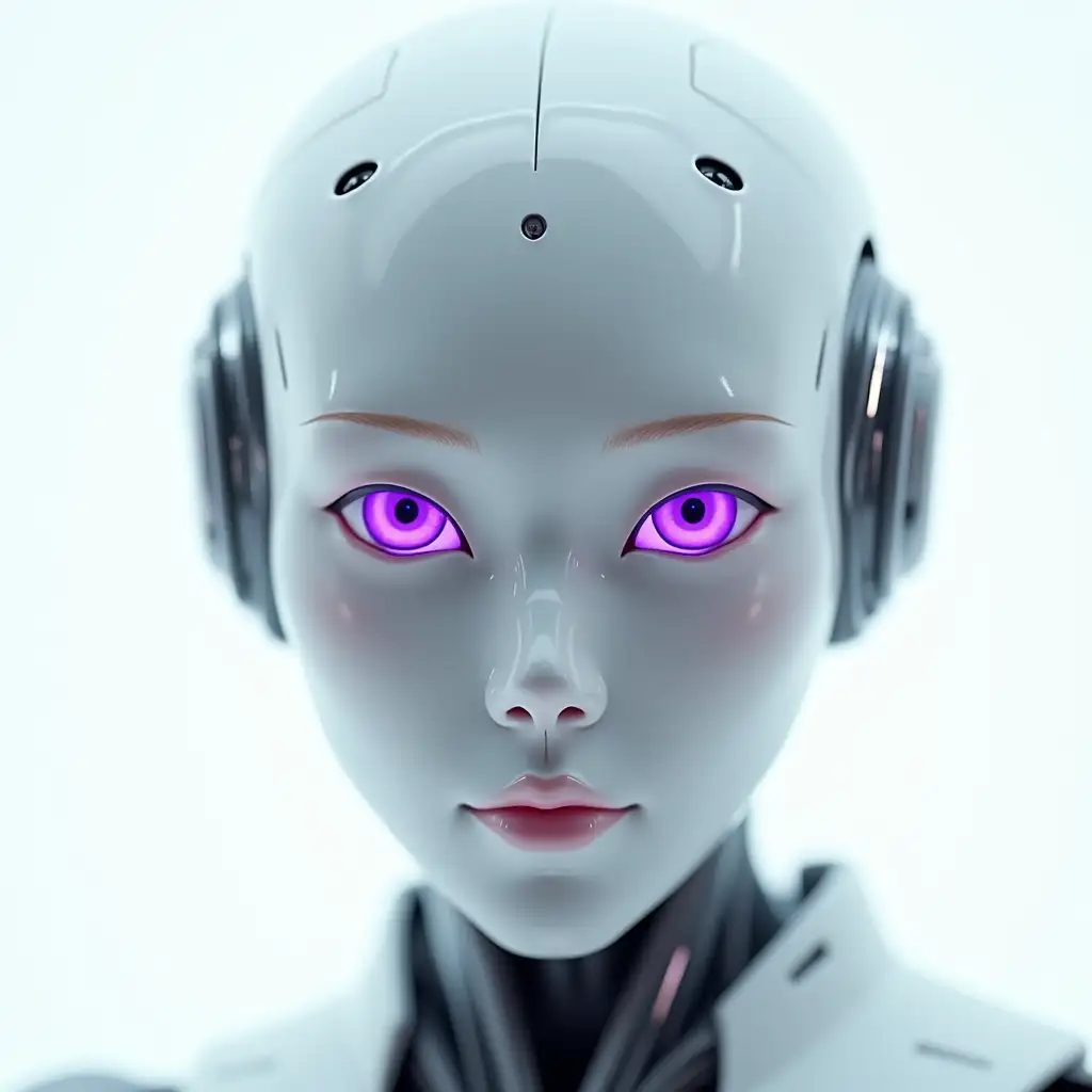 Frontal close-up of a futuristic robot's face, the face of the robot has an Asian woman aspect and its eyes are purple. Well-centered image with the head of the robot clearly visible. On white background. High definition realistic image.