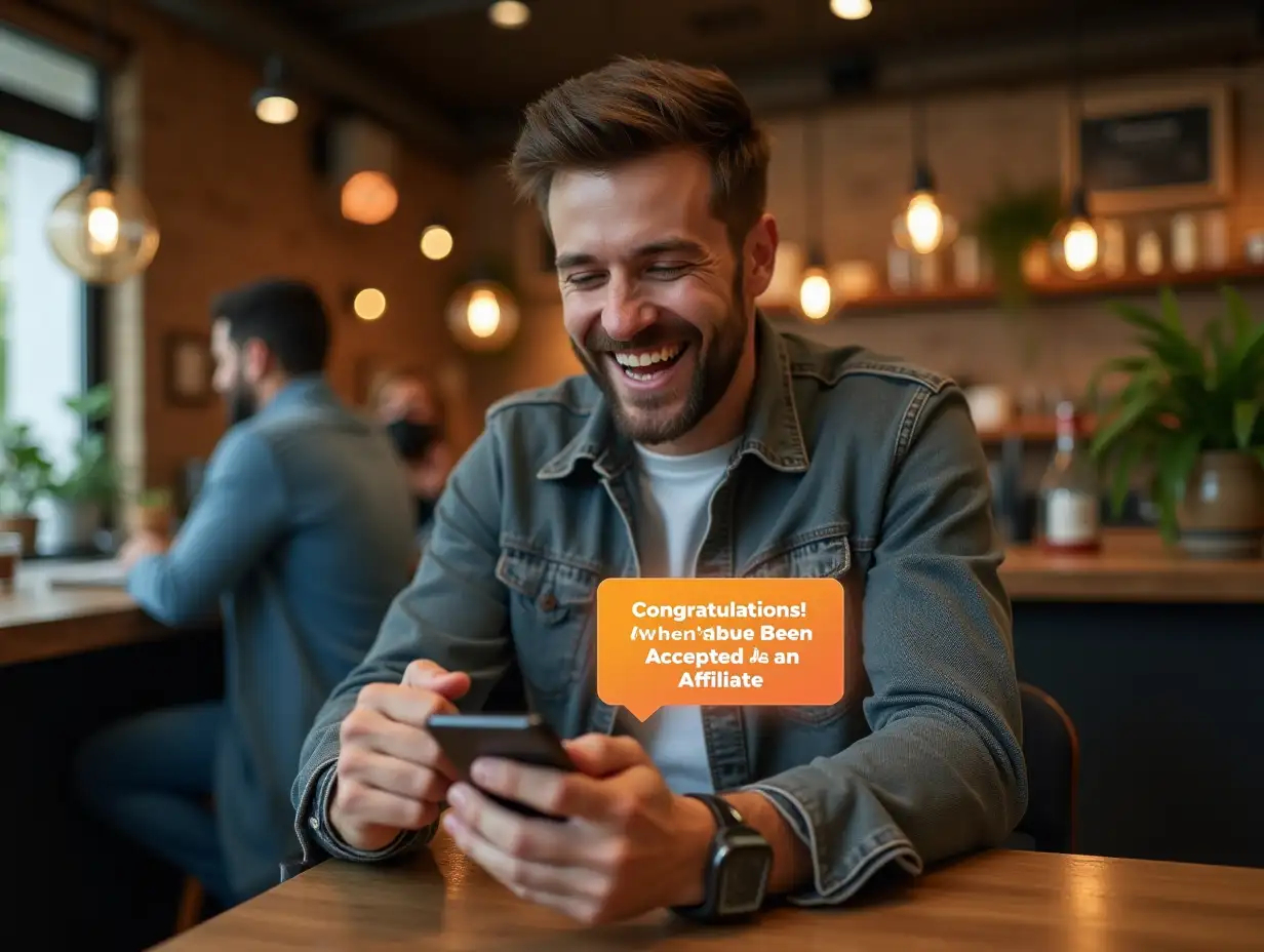 A photo of a man sitting in a coffee shop, with a glowing 'Congratulations! You Have Been Accepted As An Affiliate' pop-up notification on his phone. The man has a wide smile on his face, and he has a clinched fist. The background contains wooden shelves, plants, and other customers. The lighting is warm.