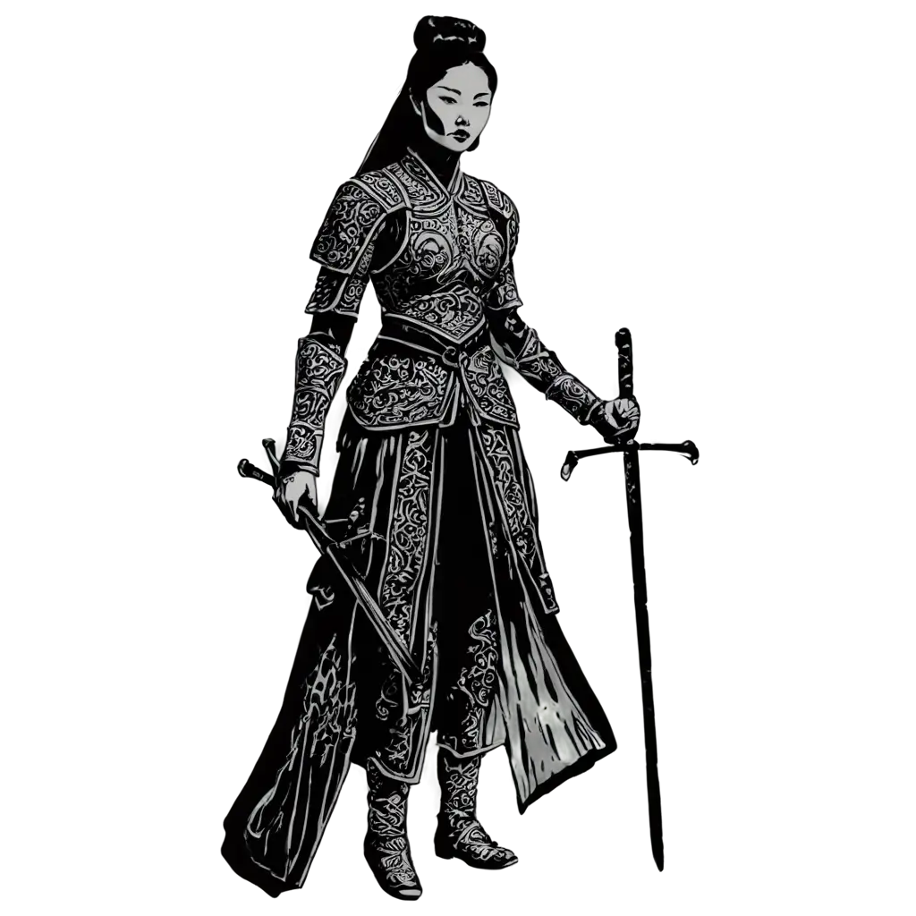 Pointed-Black-and-White-Drawing-of-a-Medieval-Chinese-Woman-Warrior-HighQuality-PNG-Image-for-Versatile-Use