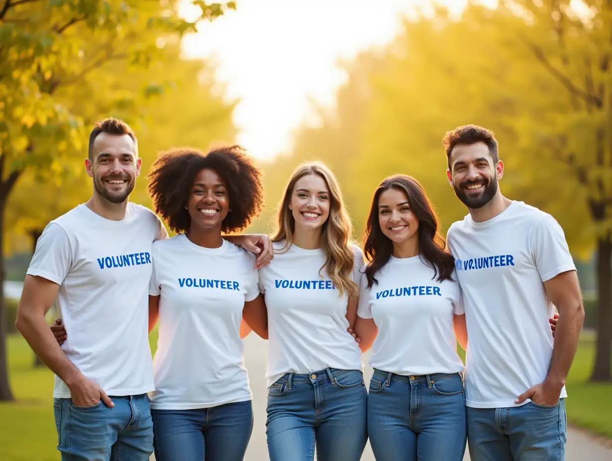 Five people, two men and three women, mixed white,black,Asian,Spanish,standing side by side outdoors. All are wearing white T-shirts with the word 'VOLUNTEER' in blue on them, paired with casual blue jeans. They wear bright smiles on their faces, exuding warmth and friendliness. The background is an outdoor scene bathed in a soft yellowish hue. Lush greenery is subtly tinted with the warm yellow tone under the sunlight, and the sky above has a gentle yellowish tint too, creating a harmonious and cheerful atmosphere. The natural light, with its yellowish tone, highlights their expressions and the colors of their clothes, enhancing the overall sense of unity and positivity. This image is of high resolution, showcasing sharp details and a clean, promotional aesthetic, with every element contributing to a visually appealing and engaging composition.