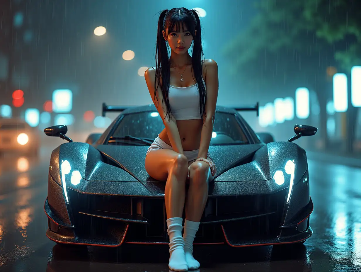 A hyper-realistic image of a 25-year-old Asian woman posing wet with one knee on the hood of a Pagani Utopia. She has an athletic physique, soaked from head to toe, wearing a short white men's shirt, a tight mini skirt, and knee-high white socks. Her long twin pigtails cascade over her shoulders. The scene is set during a rainy daytime, with bright, diffused light highlighting her figure and the car. In the background, distant city lights create a soft, bokeh effect, adding depth and a cinematic, intense atmosphere.