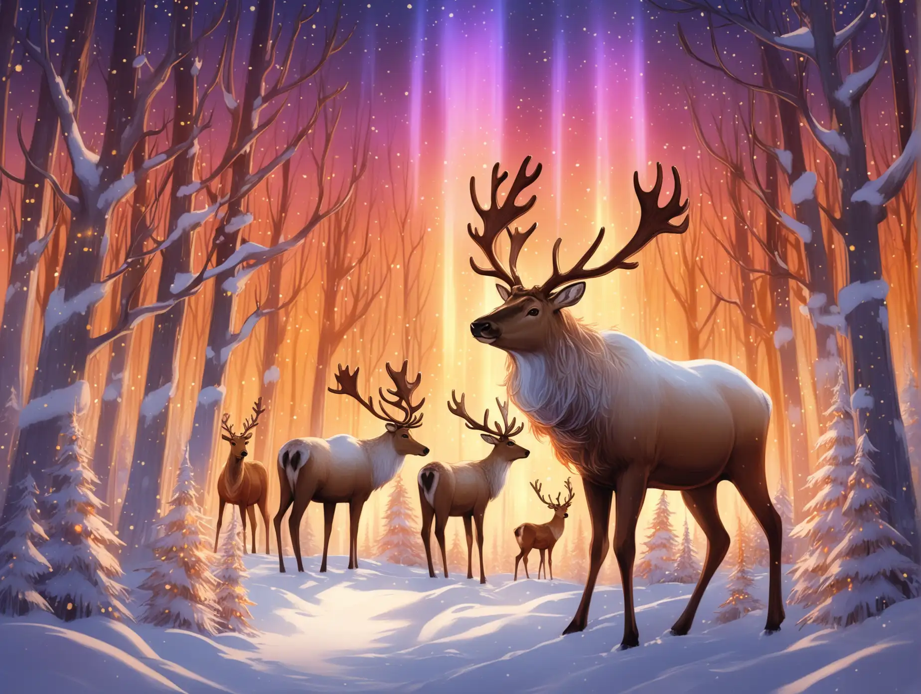 A majestic reindeer with a natural, soft brown coat and radiant antlers glowing warmly in hues of gold and amber stands gracefully in a snowy, enchanted forest. Its antlers seem to emit a faint, magical glow that lights up the nearby snow. Behind it, three other reindeer with traditional, earthy coats in shades of brown and white graze near frosted bushes that sparkle with faintly luminescent berries. The surrounding forest is illuminated by the vibrant hues of a golden-pink sunset, with ribbons of the northern lights blending into soft purples and fiery oranges, creating a serene and magical winter wonderland.