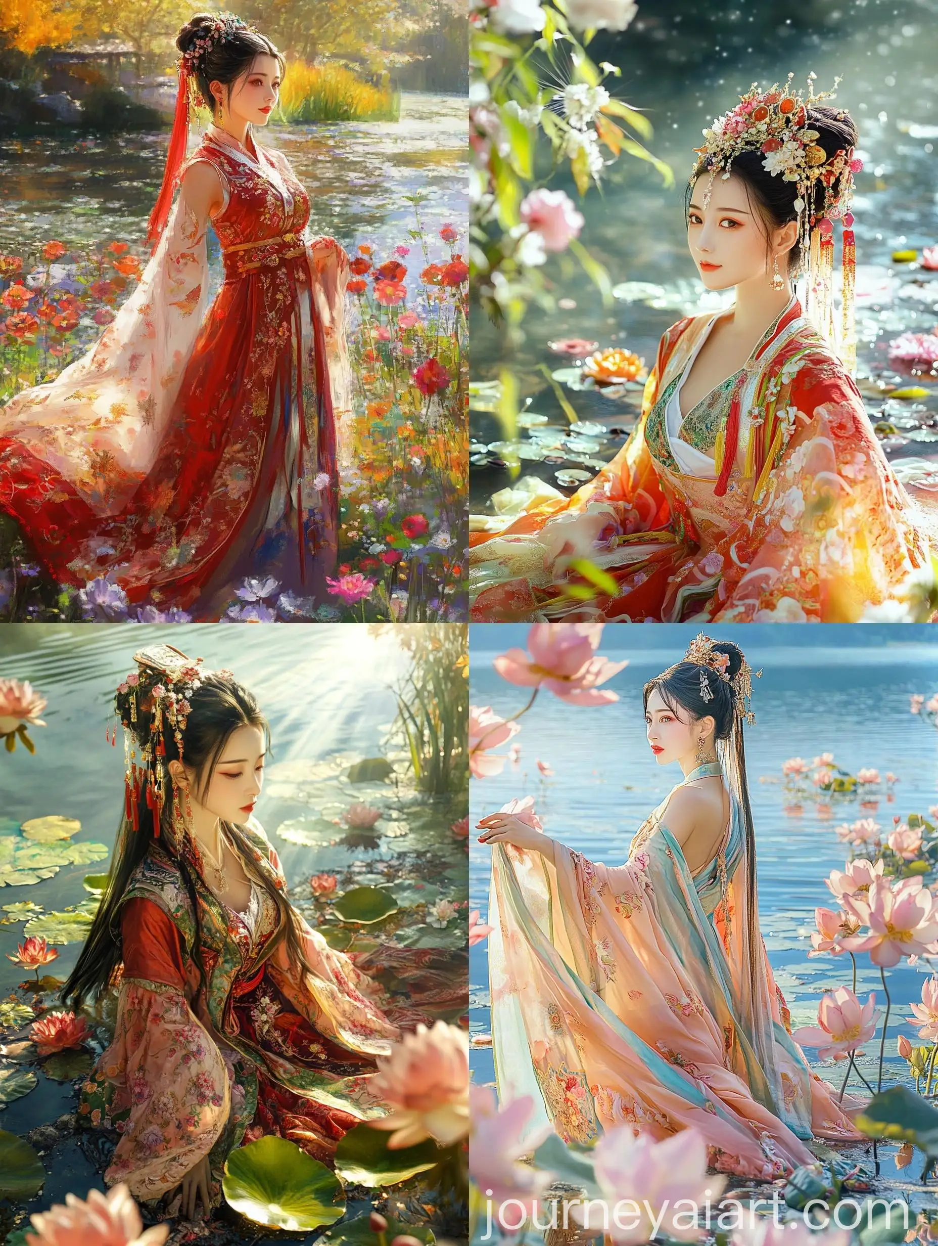 Elegant-Chinese-Woman-in-Traditional-Dress-by-Lake-with-Flowers