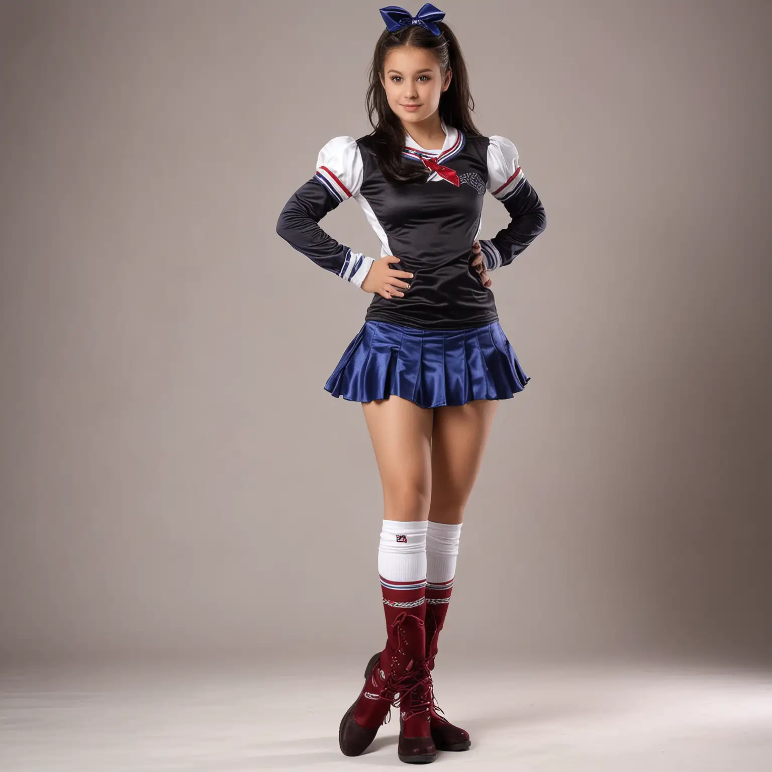 Young-Girl-in-Cheerleader-Outfit-with-Satin-KneeHigh-Boots-and-Dark-Hair