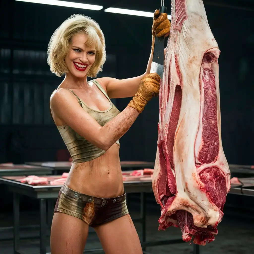 Seductive-Woman-Carving-Meat-with-Butchers-Knife-in-Dark-Grungy-Setting