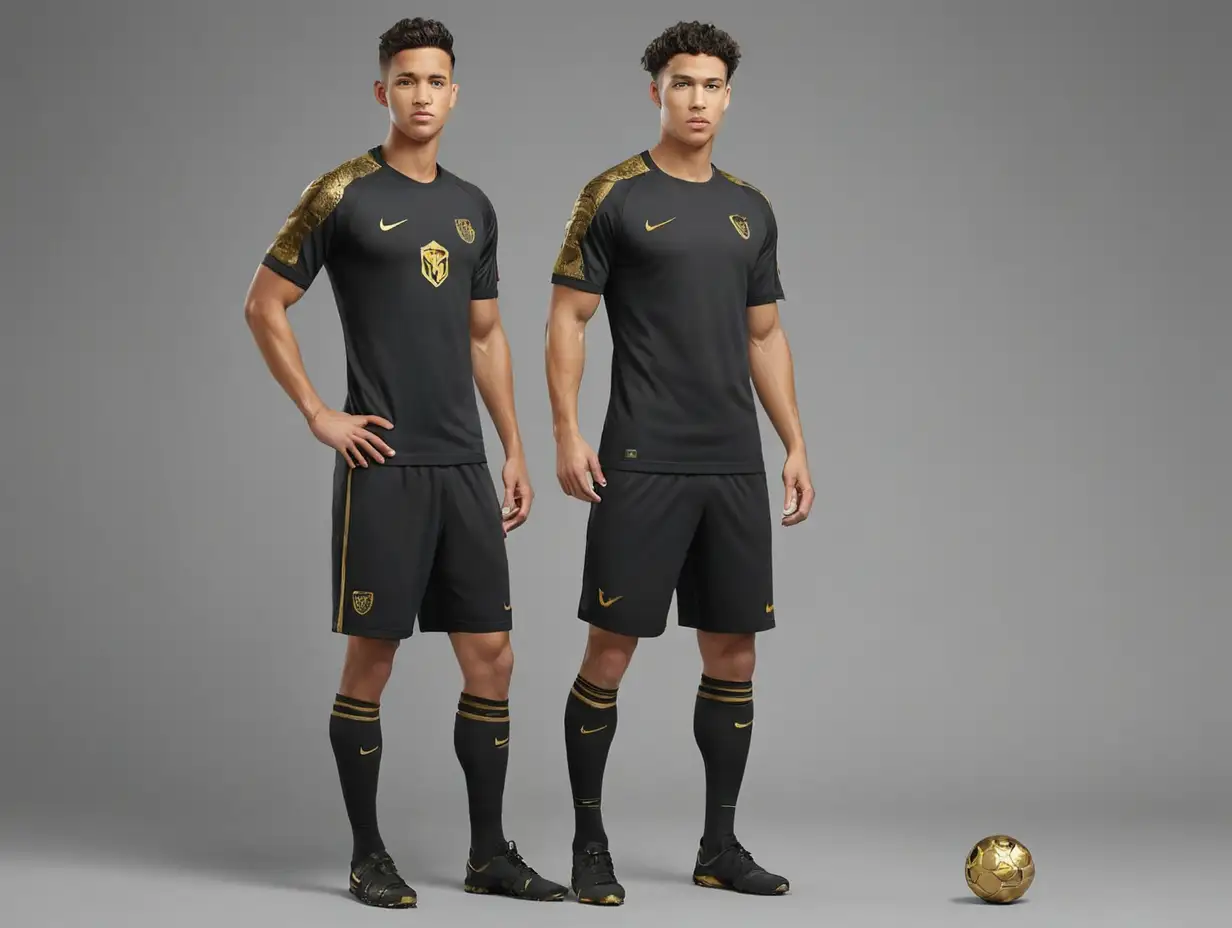 Nike football uniform, in black color, with golden details, round neck, fully black sleeves, completely black socks and Nike logo, the word filipenses on all chest , the shield would be a sheep