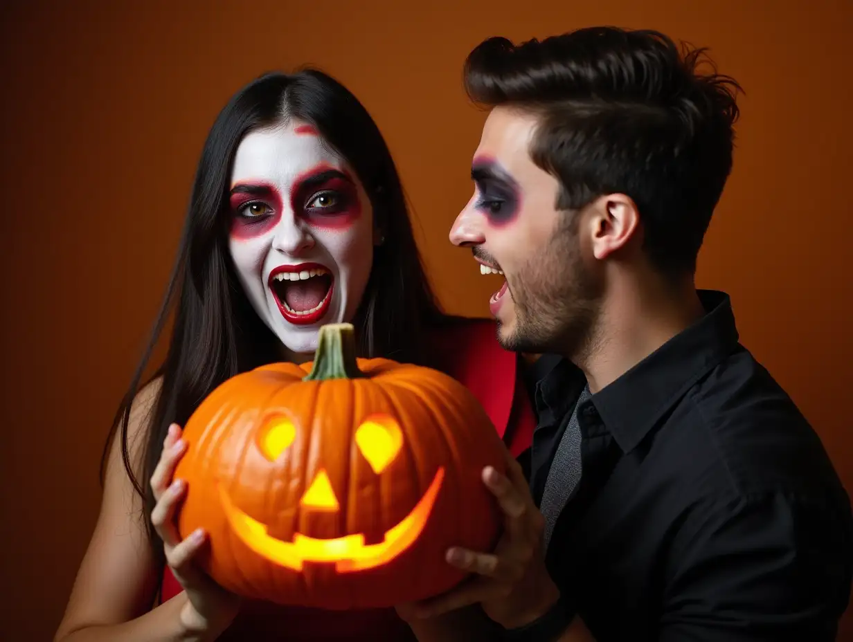 Spooky-Halloween-Couple-with-Theatrical-Makeup-Posing-with-Pumpkins