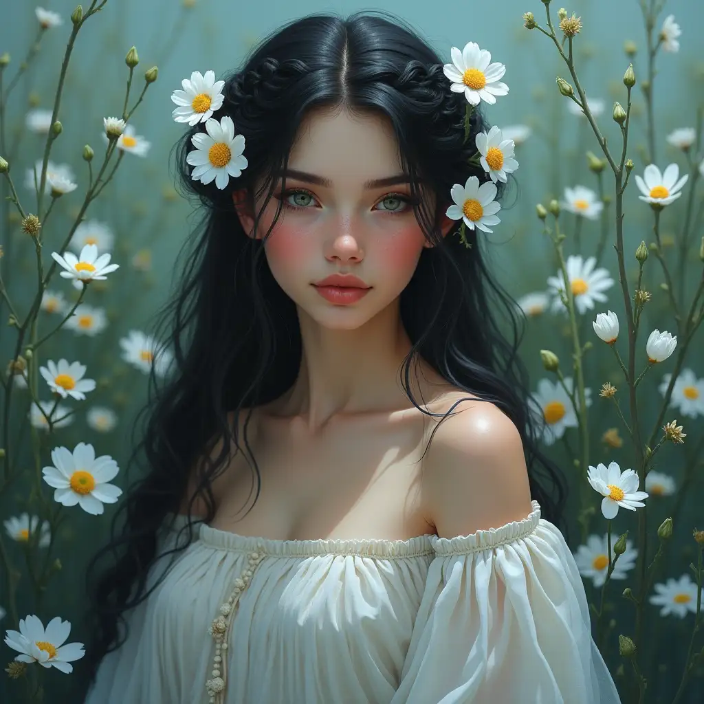Ethereal-Young-Woman-in-RomanInspired-Attire-Surrounded-by-White-Flowers