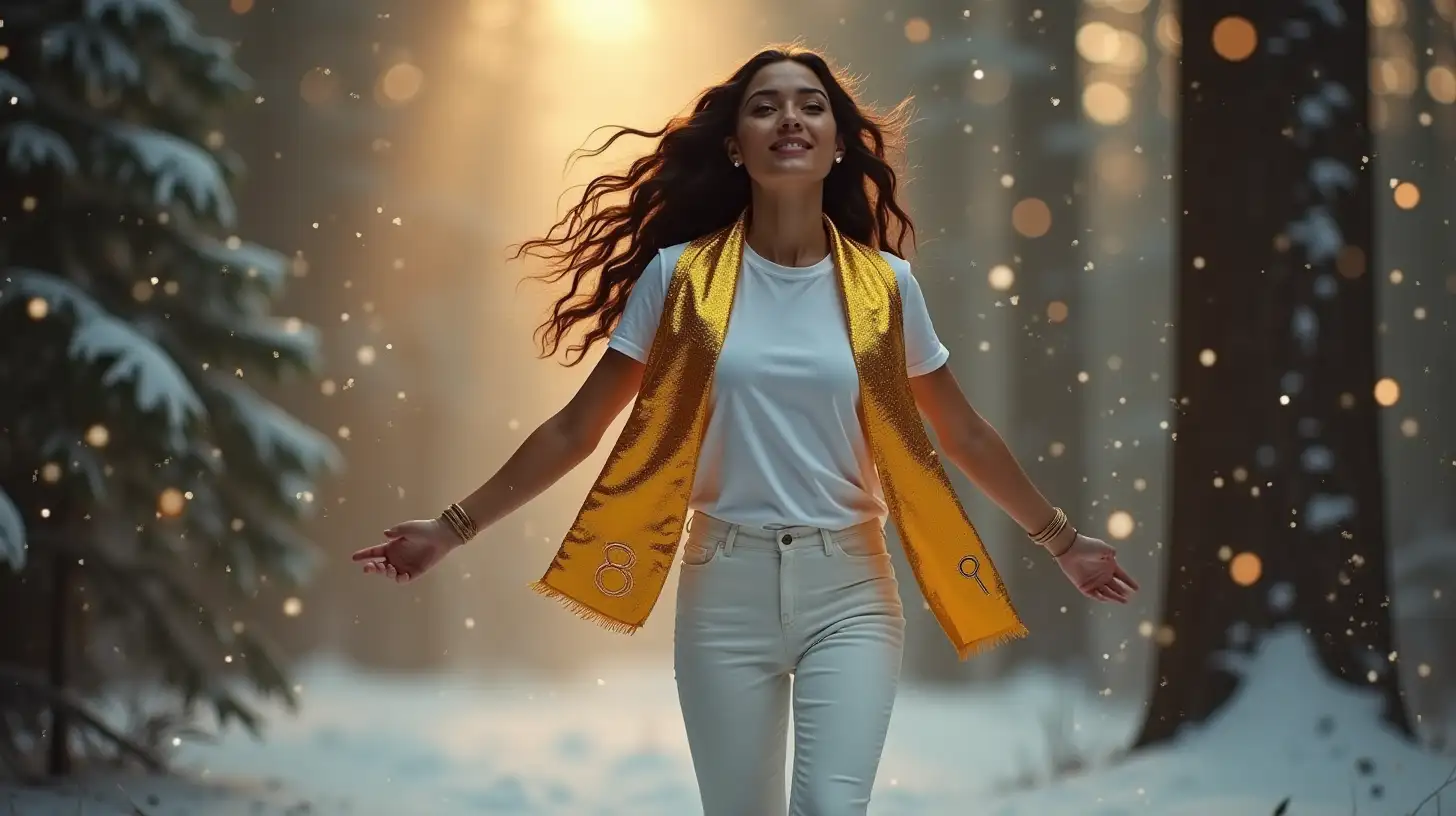 Magical Christmas Forest Latin Woman in Prom Attire Soaring Above the Ground