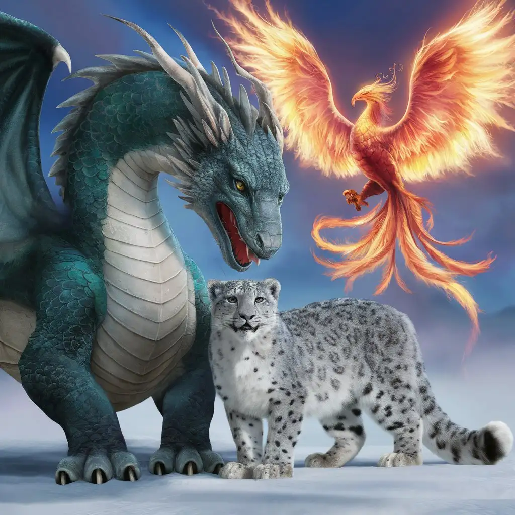 Fantasy Creatures Dragon Snow Leopard and Phoenix in Flight