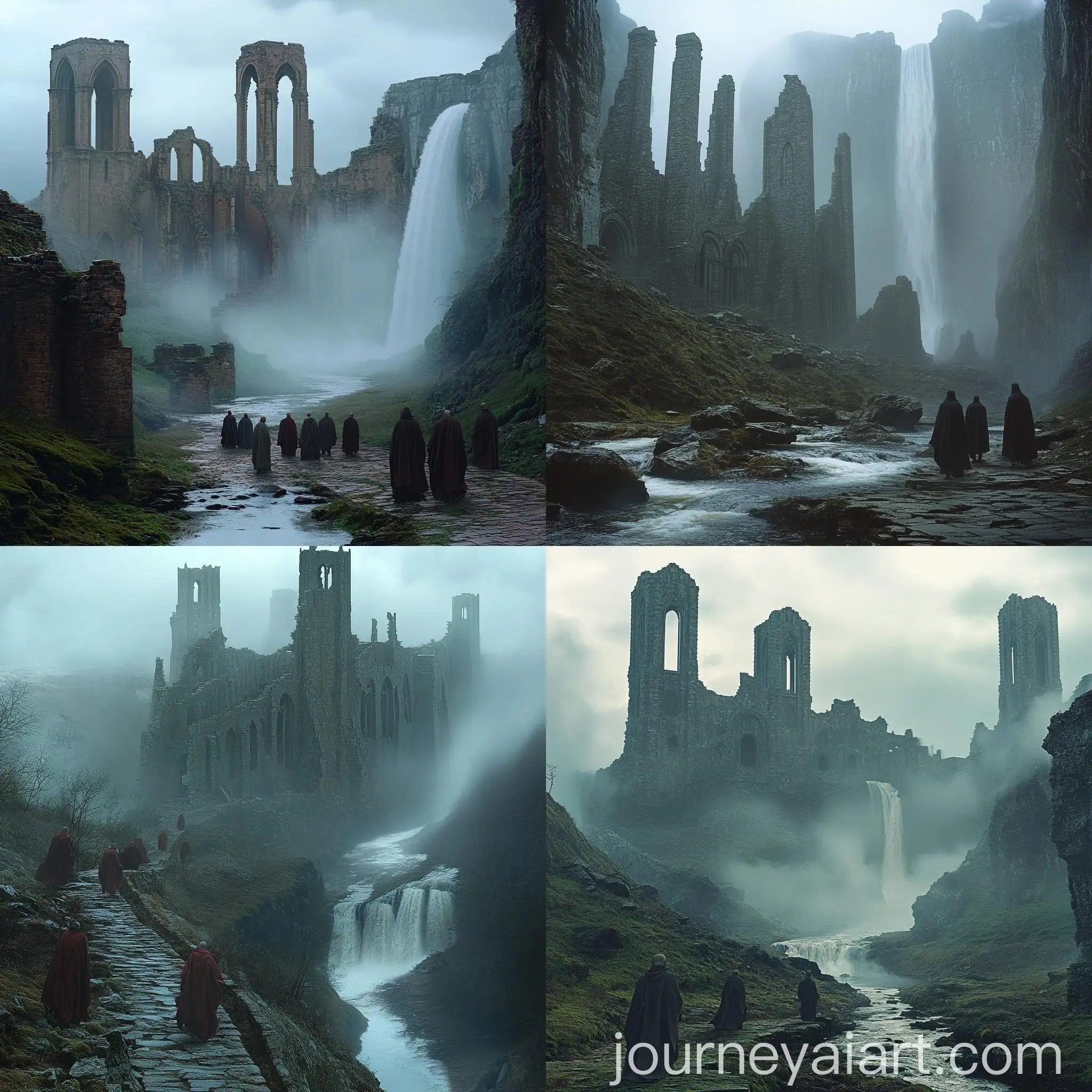 Monks-Walking-to-Gothic-Abbey-Ruins-in-Thick-Fog-and-Waterfall-Scene