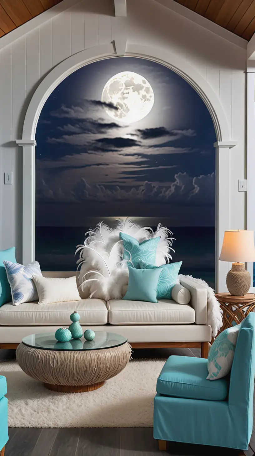 Oceanfront Vacation Bungalow Living Room with Full Moon View and Feather Furniture