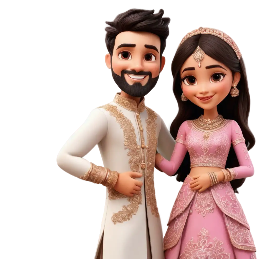 Stunning-Henna-Cartoon-PNG-Bride-and-Groom-in-Traditional-Pink-Embroidery-Attire