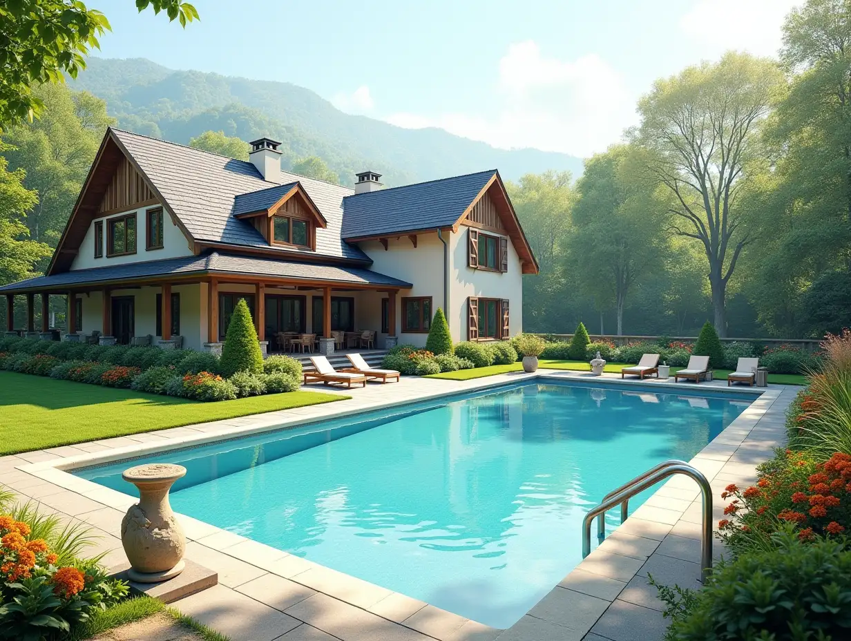 Create a house with a large garden and pool with a big house, colorful bushes and statues