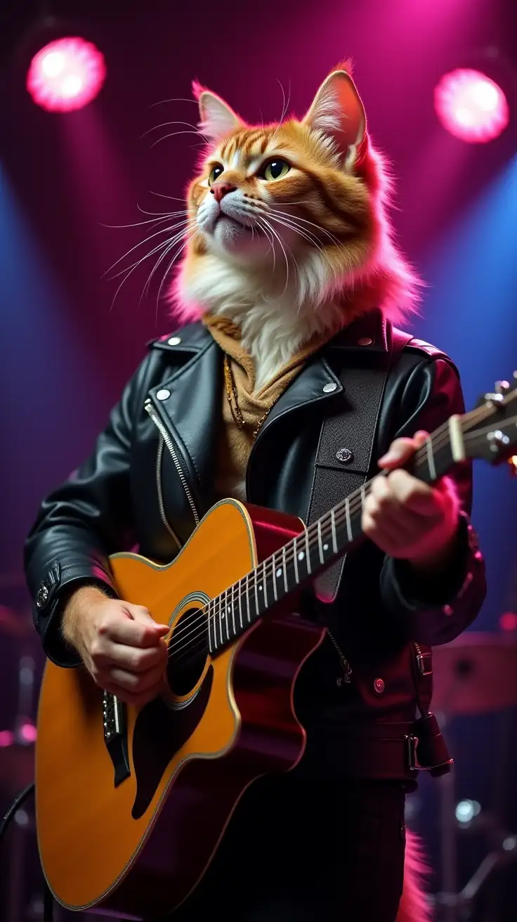 A charismatic rockstar cat wearing a black leather jacket, strumming a classic Gibson acoustic guitar on stage. The cat is immersed in the music, with vibrant lights flashing in the background, creating a high-energy acoustic rock show atmosphere.