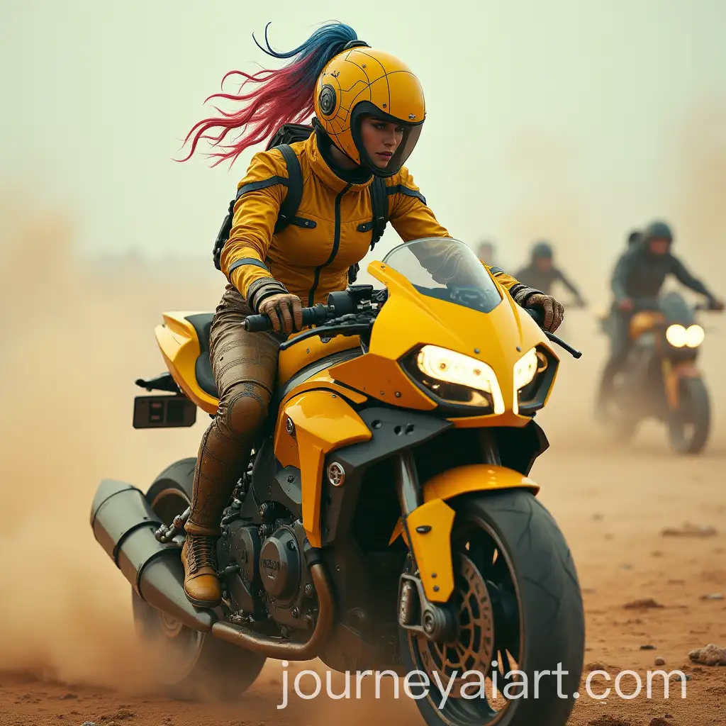 Futuristic-Female-Warrior-on-Armored-Cyberpunk-Motorcycle-in-Intense-Battle-Scene
