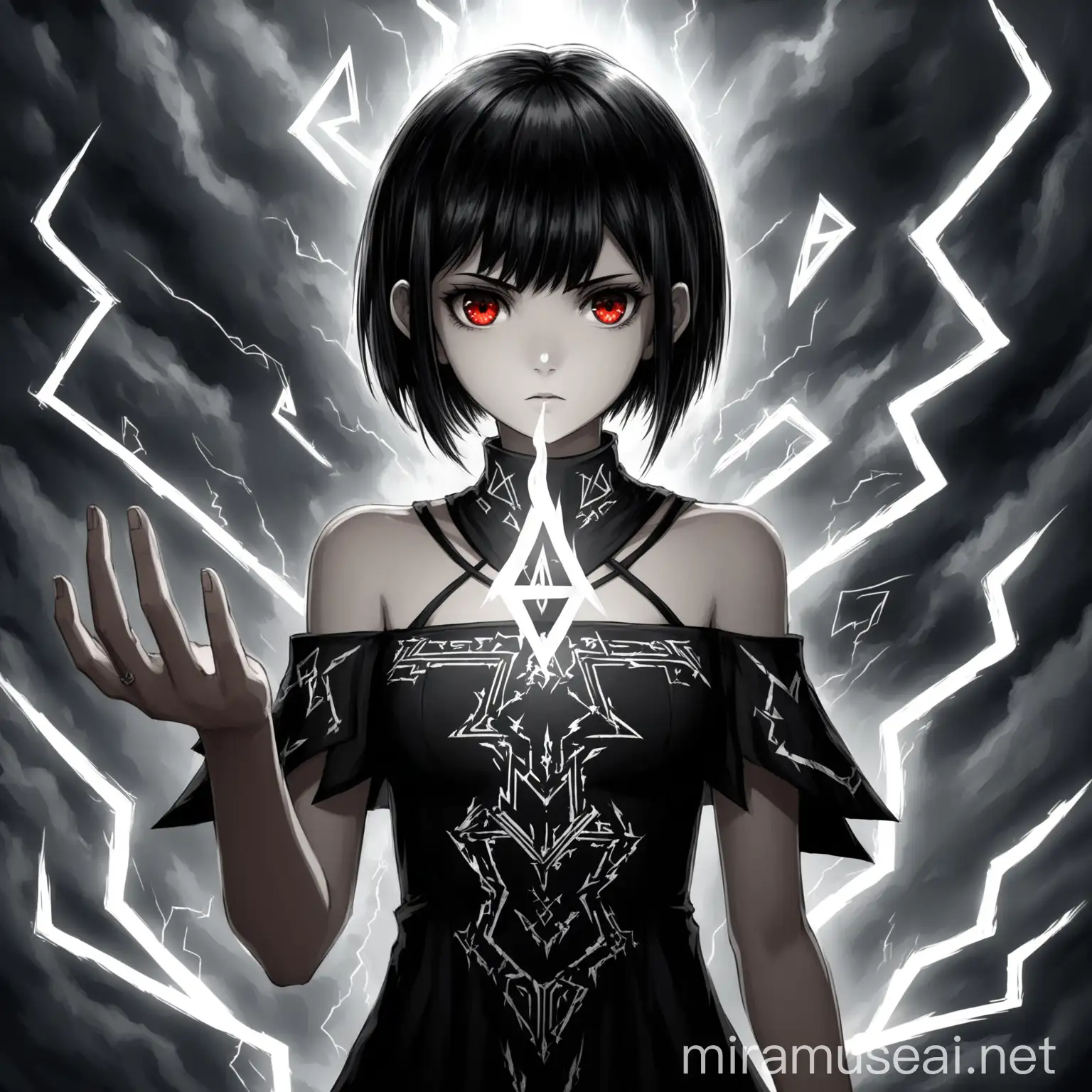 Mysterious Young Woman Casting Black and White Flames in Dark Fantasy Anime Scene