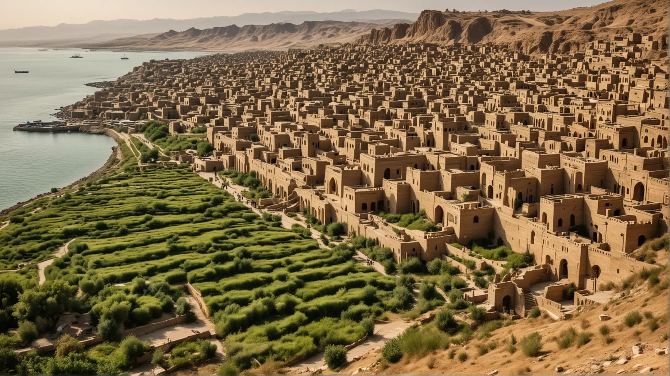 Ancient Iranian Harbor Town with Verdant Fields and Arabian Influences