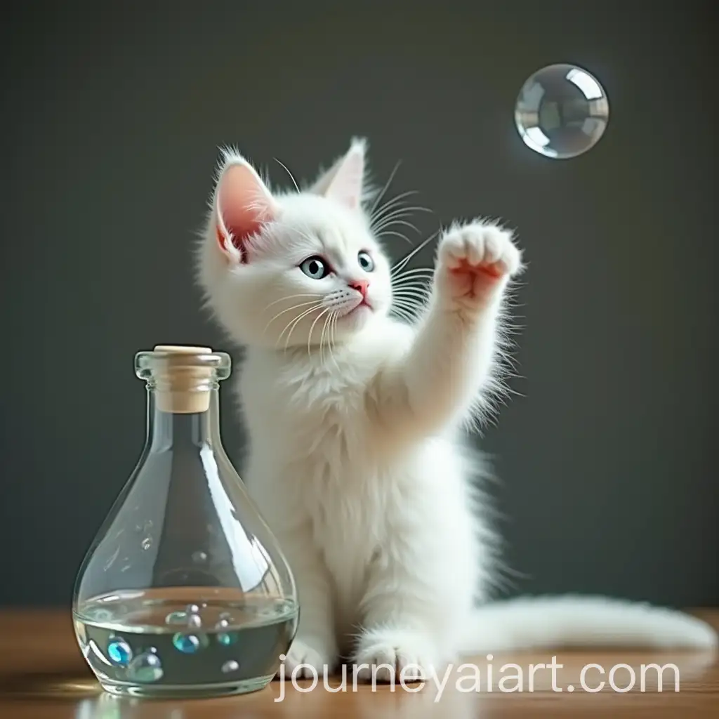 White-Cat-Catching-Soap-Bubble-in-Glass-Flask