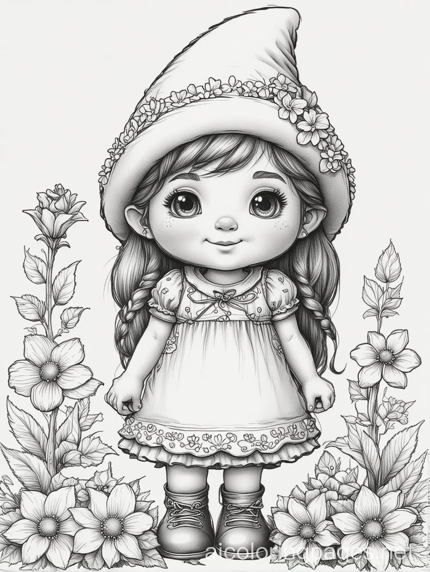 Cute-Young-Girl-Gnome-Surrounded-by-Flowers-Coloring-Page