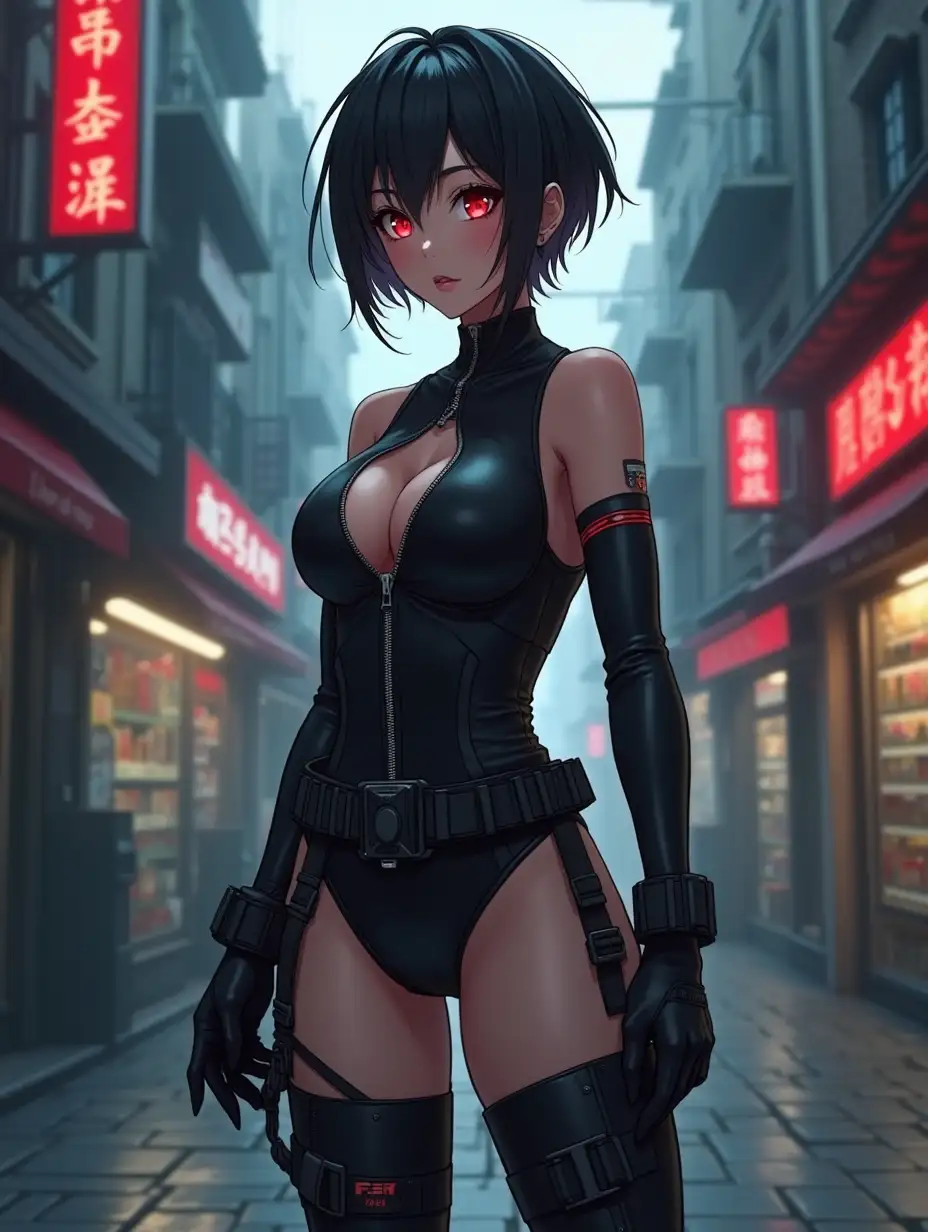 Short hair, mature Asian woman thief cyber runner in a dynamic full-length pose, eyes with red electronic pupils, large breast, extreme skintight body glove zipped down with cleavage, combat boots and combat belt. Full view of her body from boots up, low wide angle. Future store filled city alley street. Anime