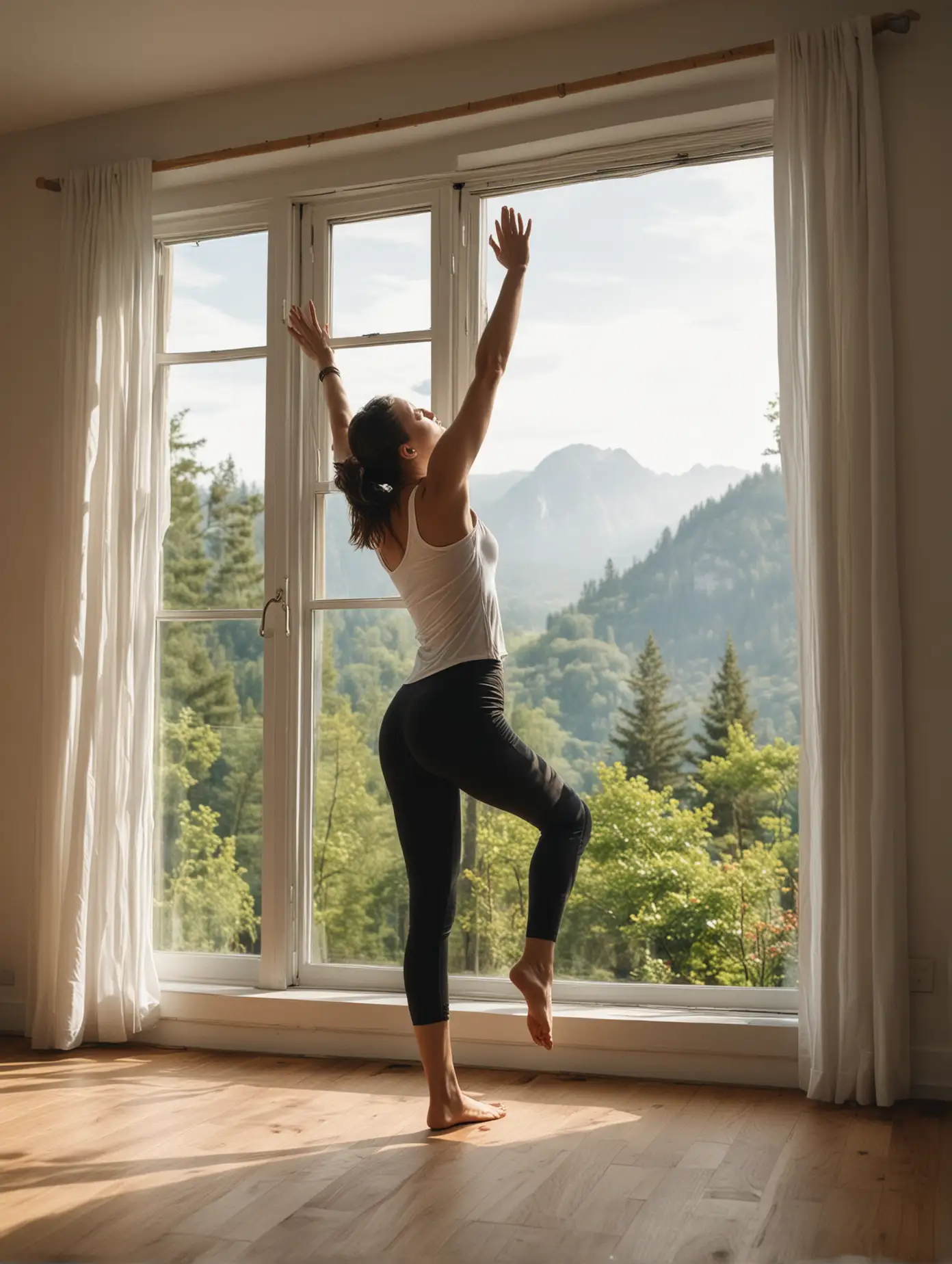 A person doing a morning stretch, reaching upward in front of a window with a nature view.