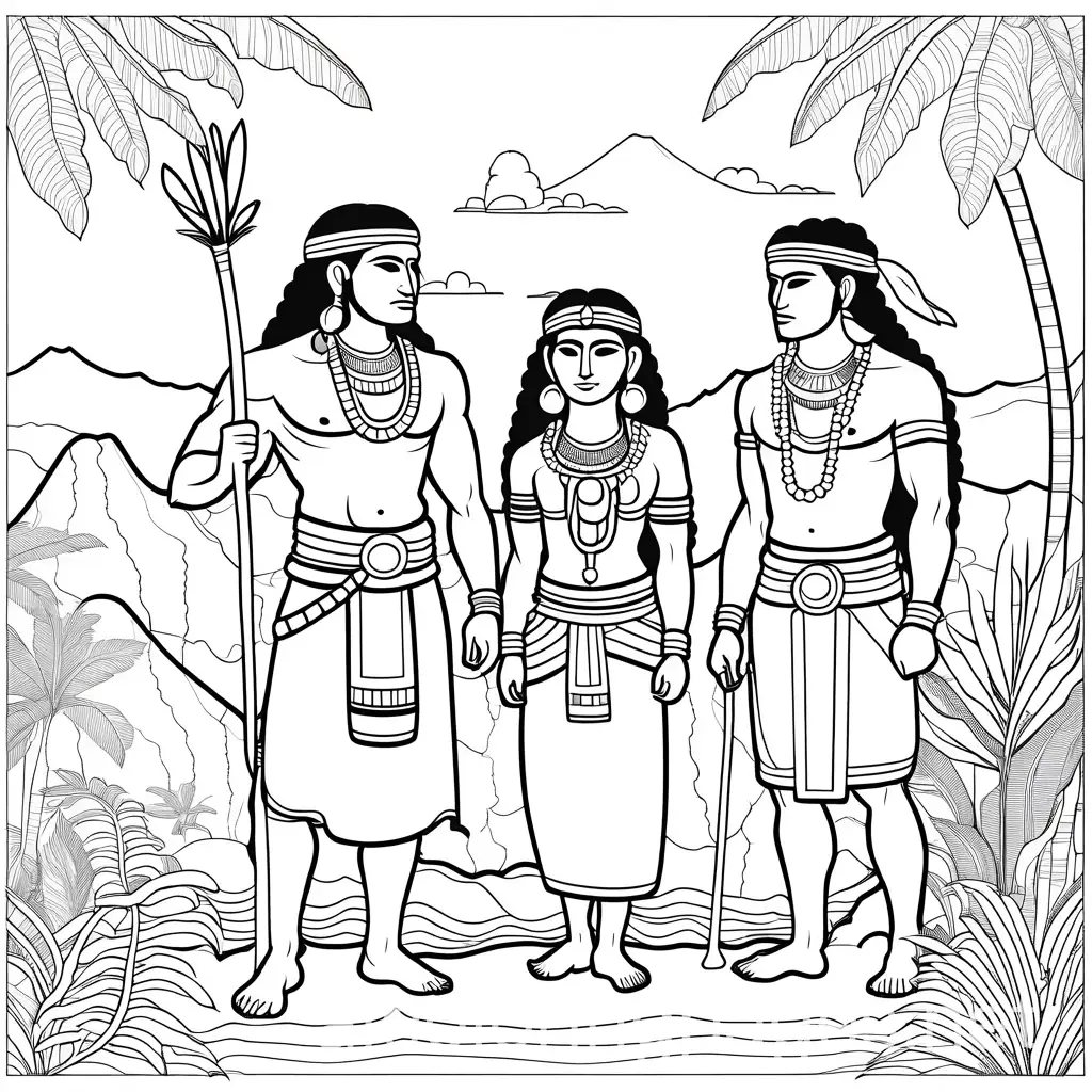 image of a Arawak and Taíno people, Coloring Page, black and white, line art, white background, Simplicity, Ample White Space. The background of the coloring page is plain white to make it easy for young children to color within the lines. The outlines of all the subjects are easy to distinguish, making it simple for kids to color without too much difficulty