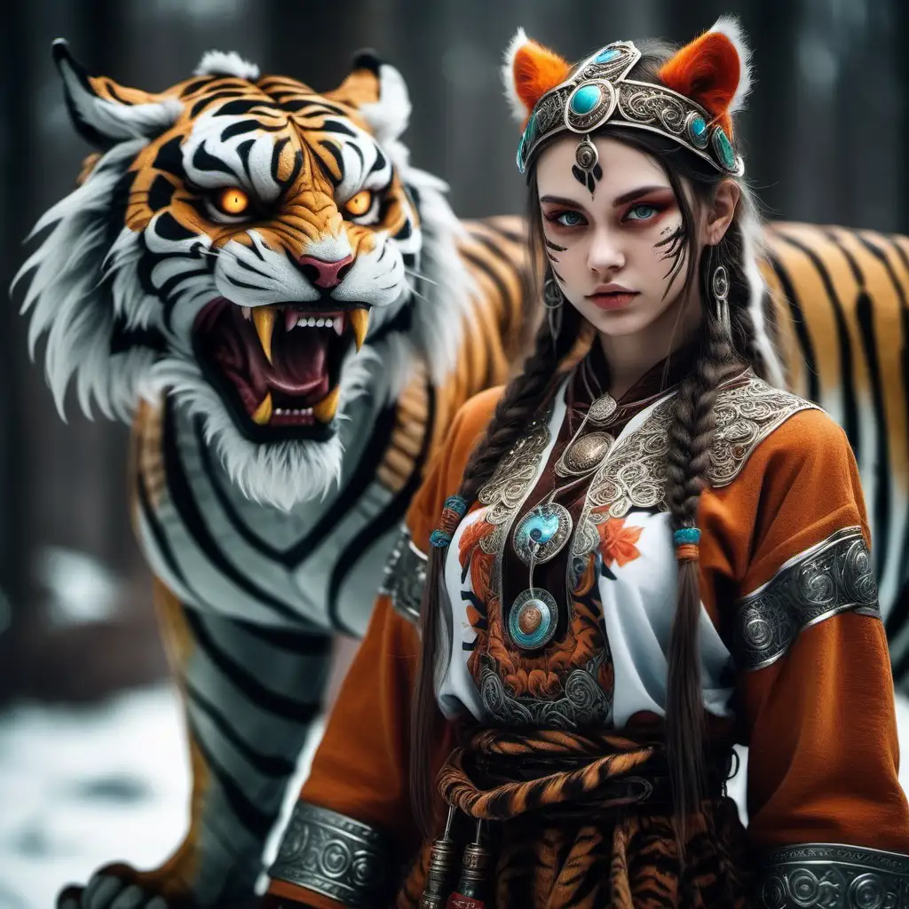 Slavic-Girl-with-Dragon-and-Tiger-Mythical-Fantasy-Art