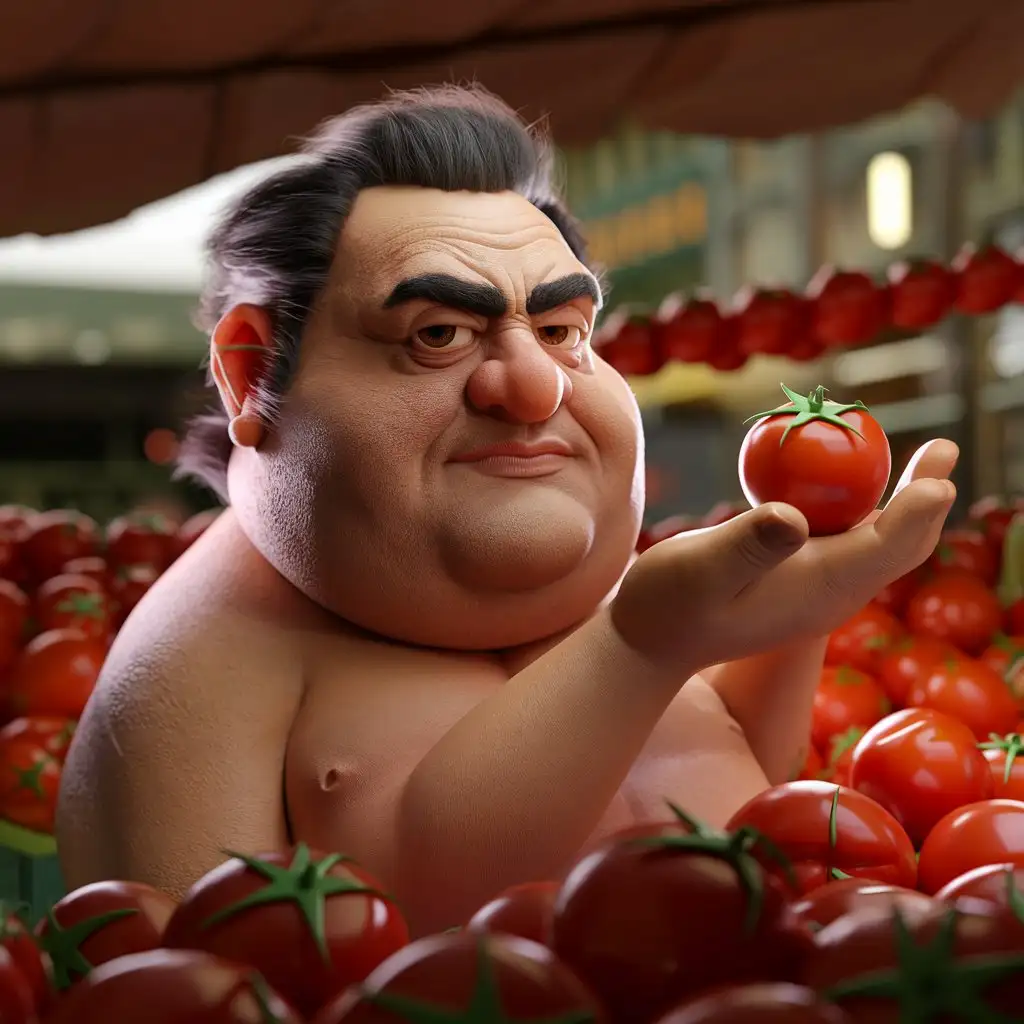 Realistic-Chubby-Armenian-Man-Offering-Tomato-in-Market-with-3D-Tomato-Background