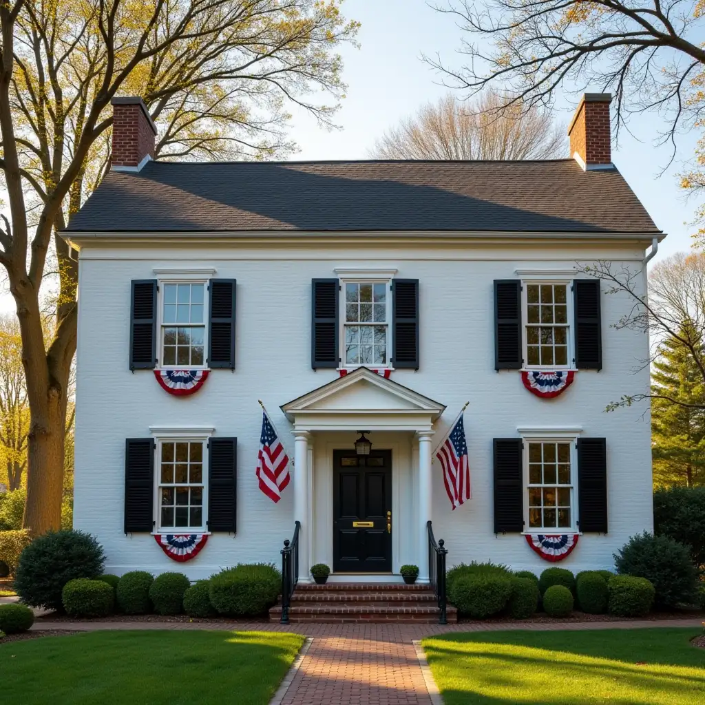 Colonial House with Wooden Shutters and American Flag Bunting