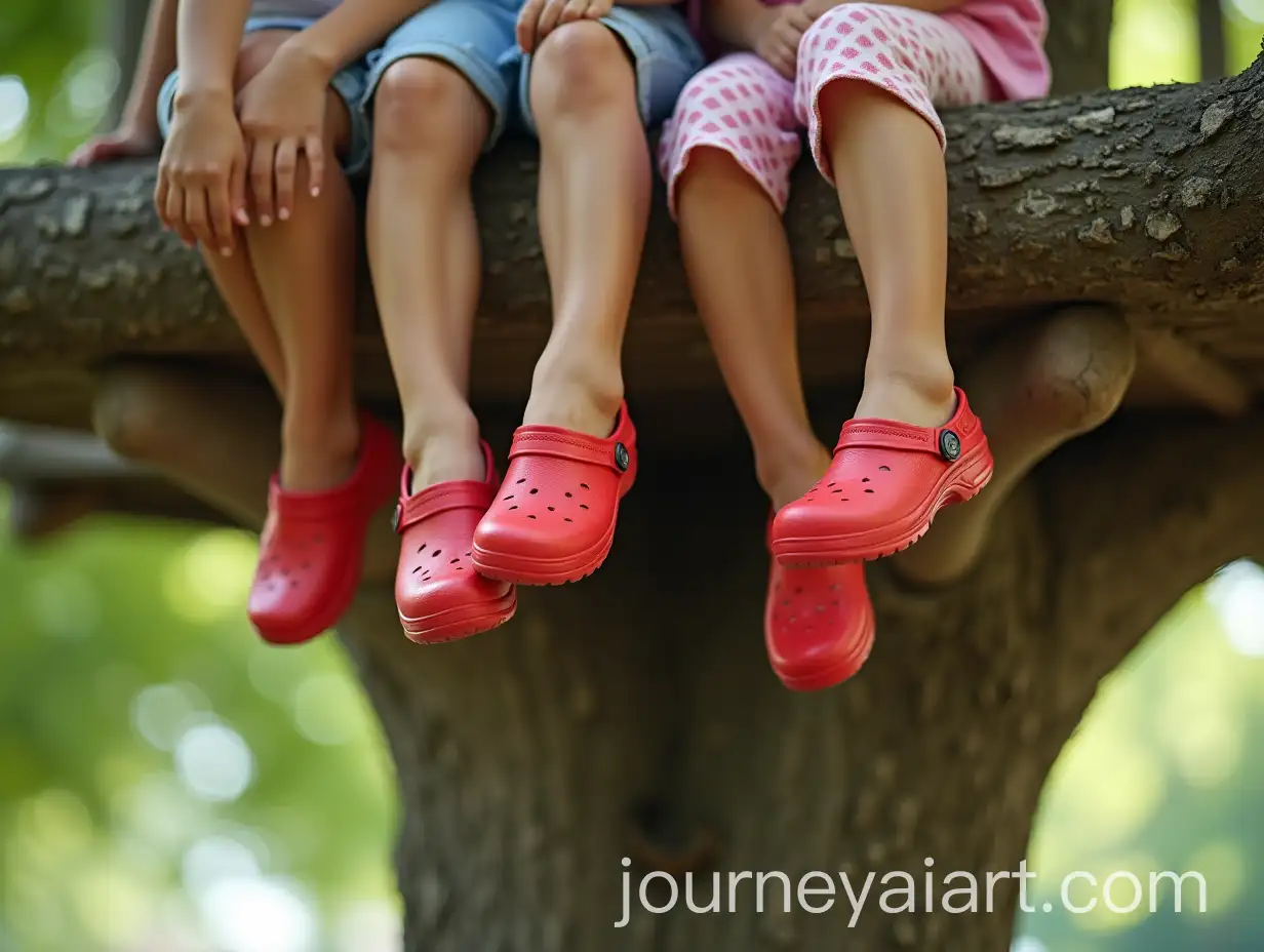 Children-Enjoying-a-Tree-House-with-Colorful-Red-Clogs