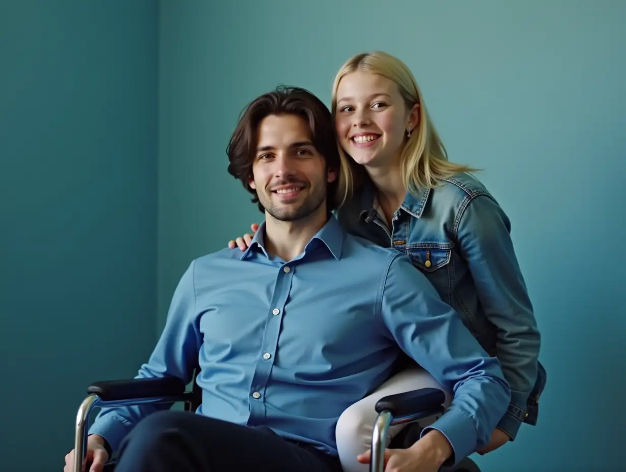 A 20 year old guy with medium-length dark hair, wearing a blue office shirt, is sitting in a wheelchair in a room with blue walls. He is clean-shaven. A 20-22 year old girl with shoulder-length blonde hair, wearing a denim jacket, is sitting on the guy's lap