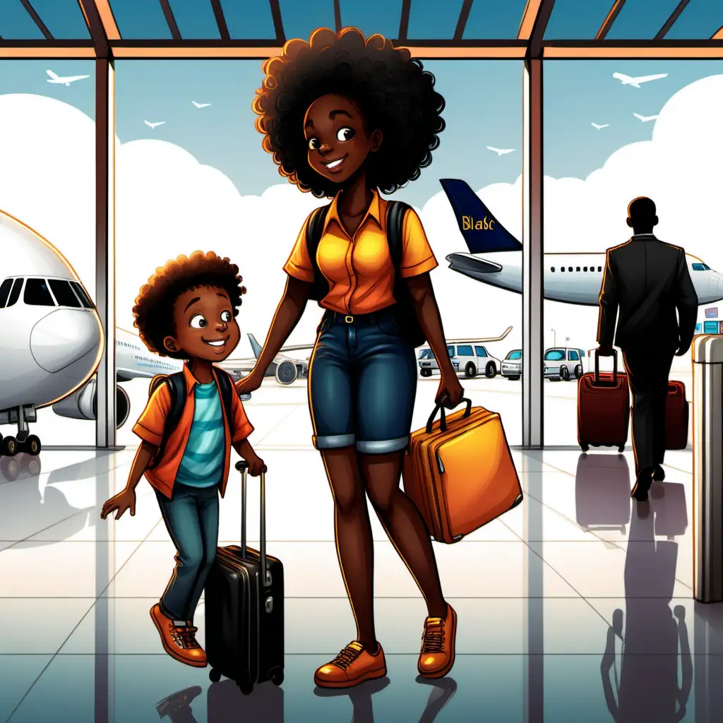 Childrens Book Illustration Black Girl and Boy at the Airport