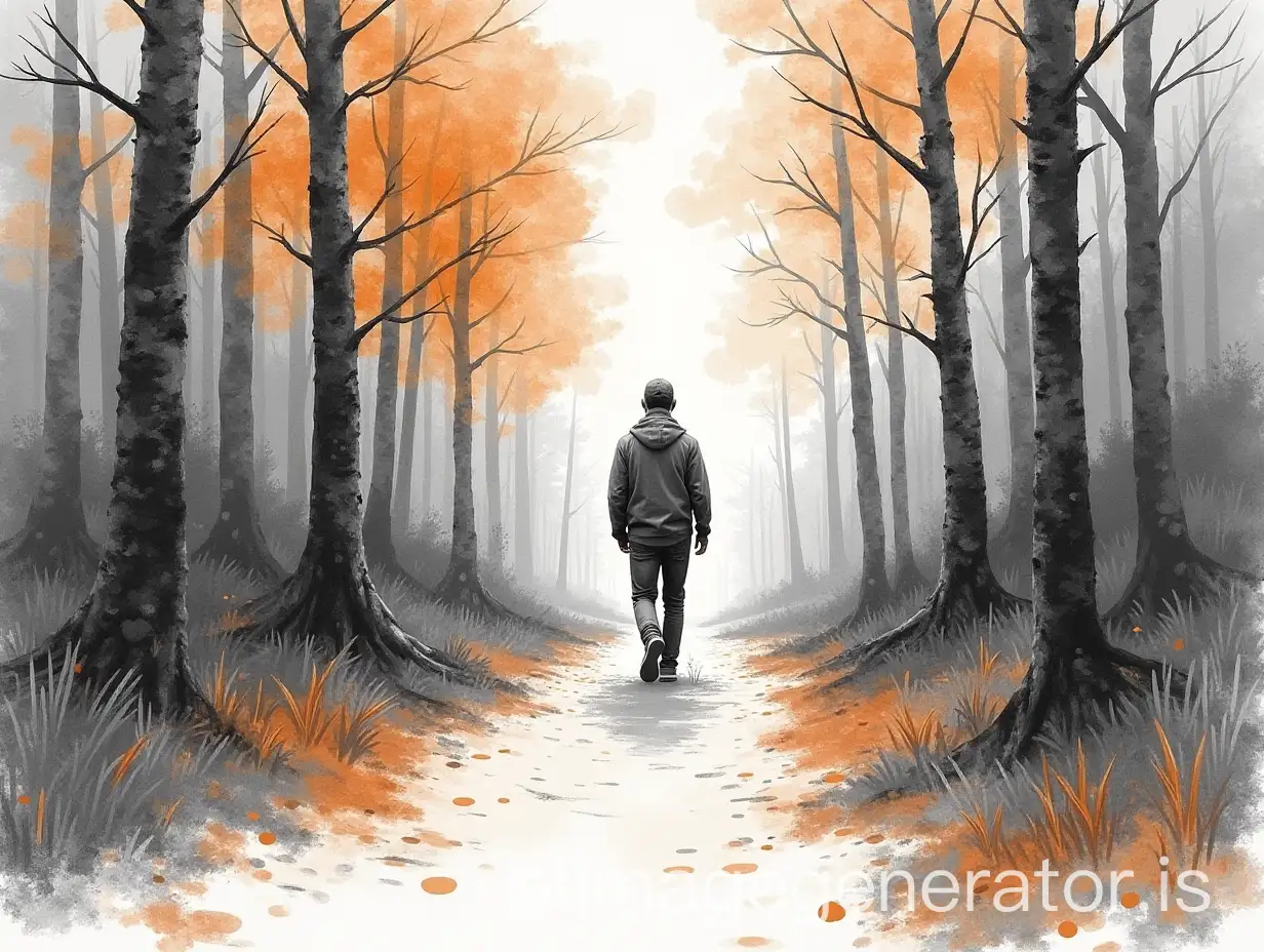 Man-Walking-on-Forest-Path-in-Gray-and-Orange-Drawing-Style