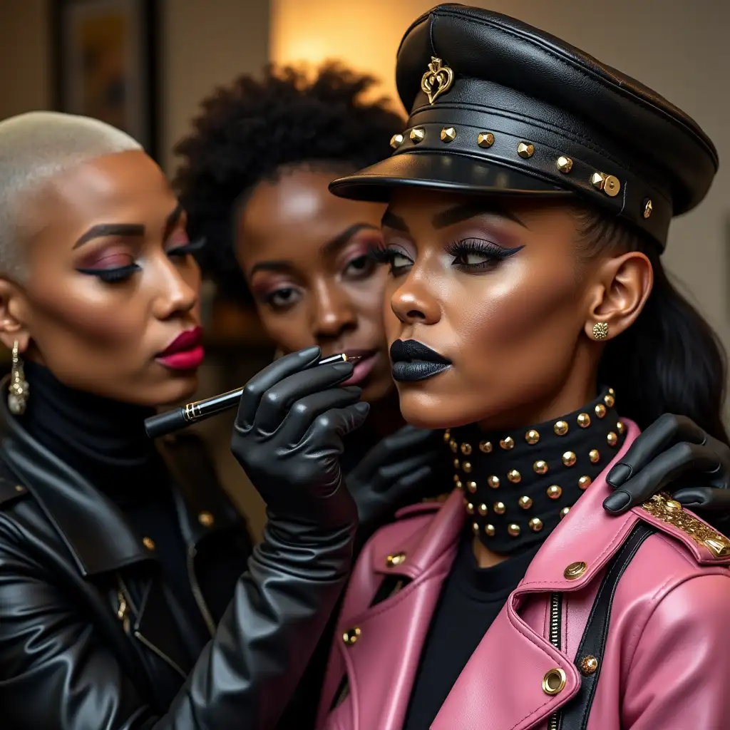 Three-Black-Women-Applying-Makeup-to-Cynthia-Erivo-in-Studded-Leather-Fashion