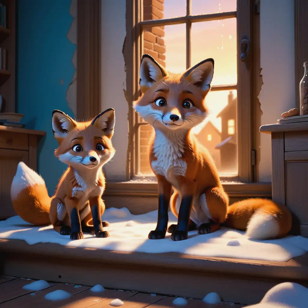 Sienna, a young fox cub, stares in shock as faint ghostly figures of a fox family appear in the ruined house. A mother hums a lullaby, a father reads, and a small cub plays nearby. They glow softly, frozen in time, unaware of Sienna’s presence. The golden sunset light filters through the broken windows, contrasting with the eerie blue glow of the spirits. 3D Pixar Style.