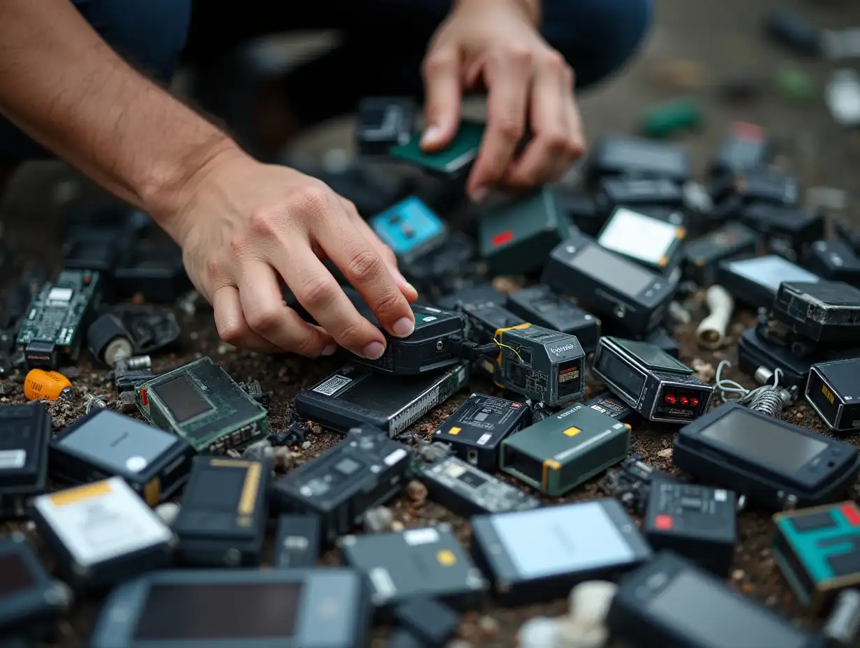 A worker carefully sorts through a pile of e-waste, featuring old smartphones, batteries, and cables, highlighting the importance of responsible electronic waste management