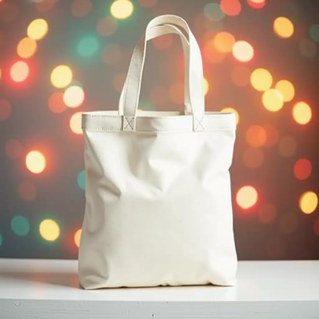 Elegant OffWhite Canvas Tote Bag with Festive Background Mockup