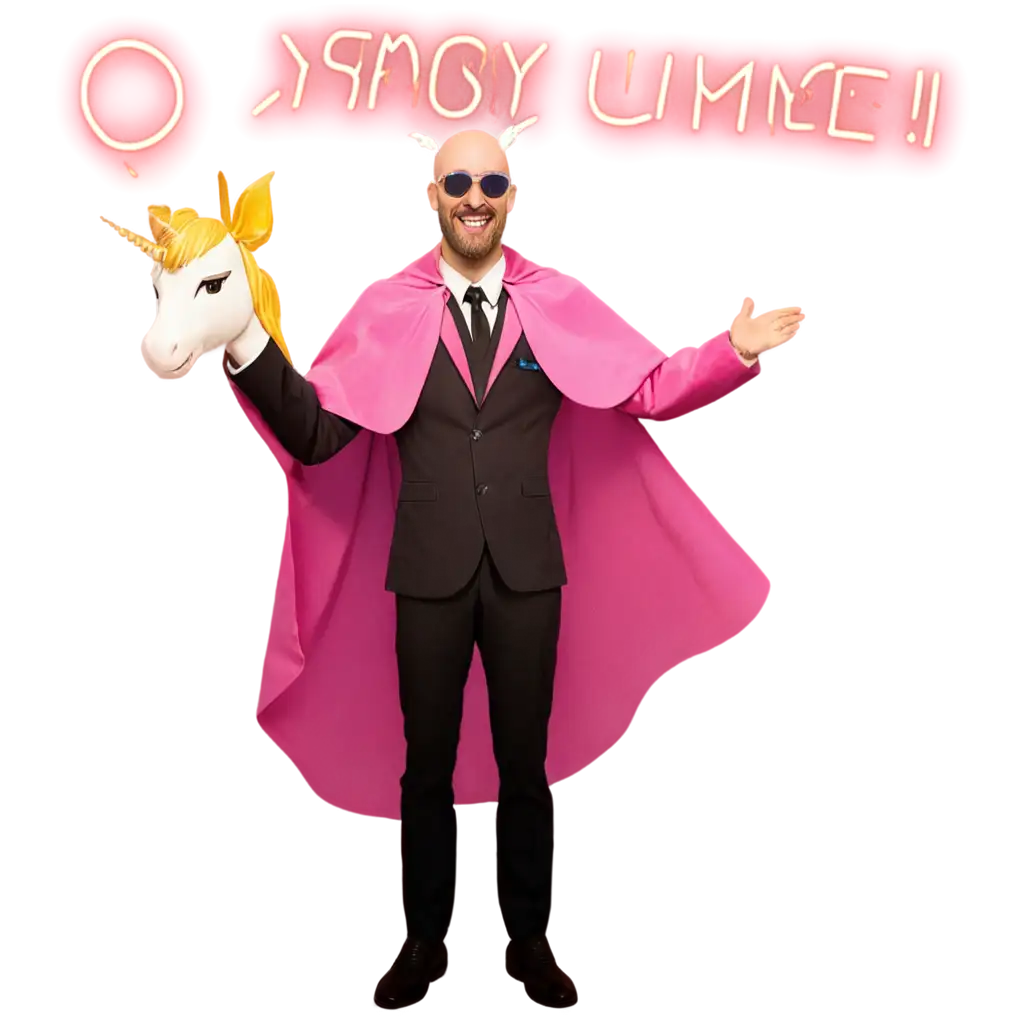 bald man with long beard and sunglasses, wearing a golden smoking and purple cape, giving high-five to a unicorn, on a neon pink background, with the phrase 'You nailed it!' in bright letters, anime style