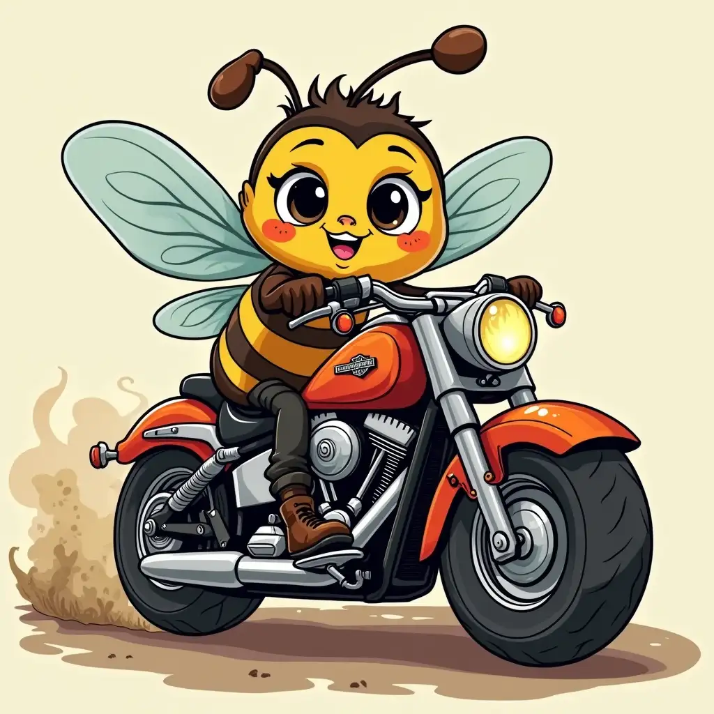 A Bee riding a harley davidson, cute cartoon style