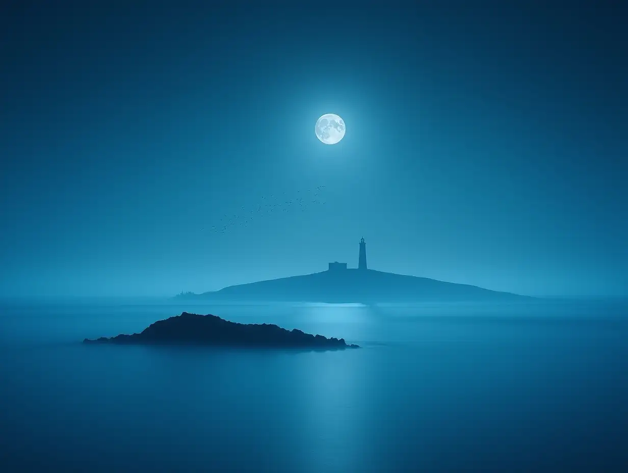 Moonlit-Seascape-with-Lighthouse-and-Flock-of-Birds