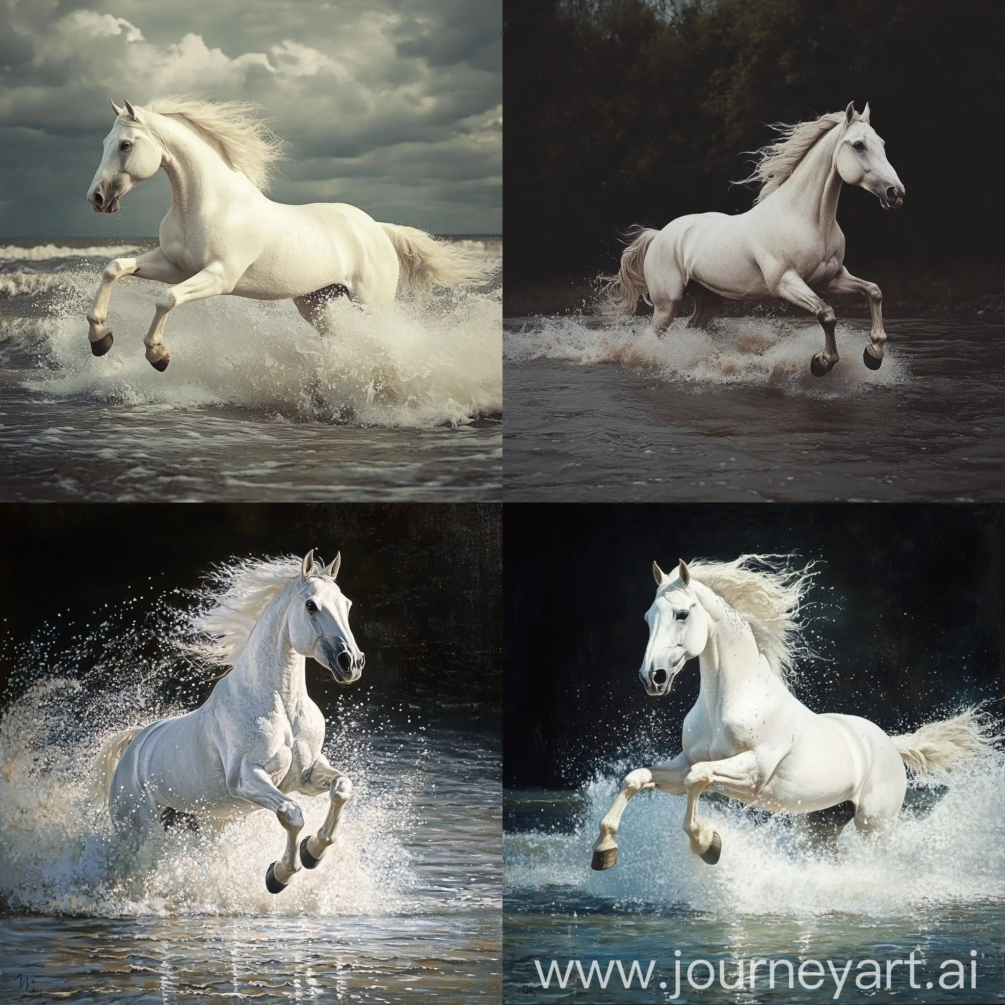 Graceful-White-Horse-Running-on-Water-in-Profile-View