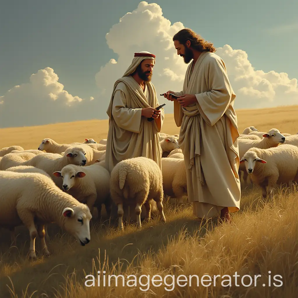 Jesus-Tending-to-Sheep-in-Serene-Pastoral-Landscape