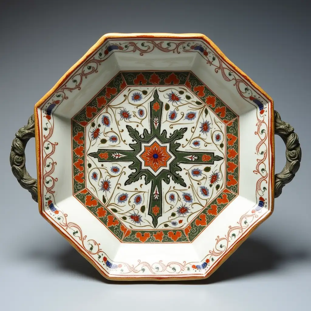 Octagonal with rounded corners ceramic serving dish with embossed beautiful handle, Underglaze painting on white body, Fine art, Hyper detailed, Antique and old, Qajar art, Iranian Tabriz carpet design