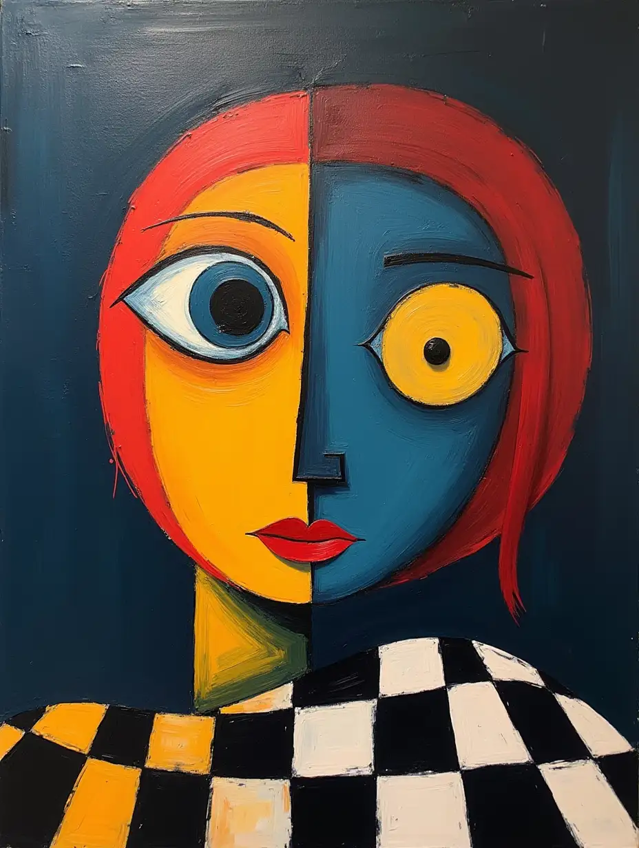 chess board, stripe, primitively schematic, minimalism, avant-garde, face, portrait, huge looming eye, darkness in the style of Kandinsky, Malevich, minimalism, simplify for a beginner artist with acrylic many colors , constructivism abstractionism, gloomily